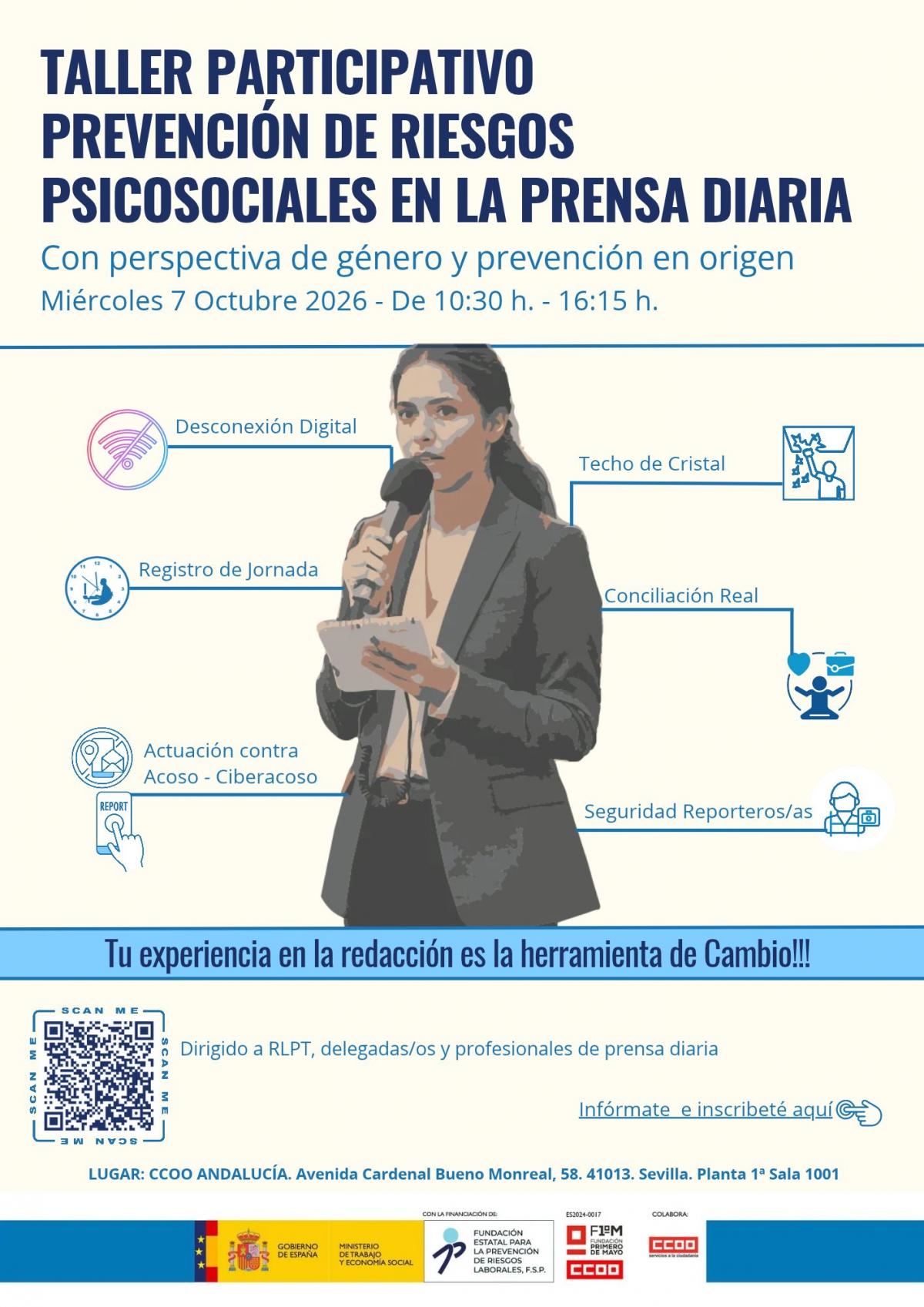Cartel de la jornada de taller participativo de prevención de riesgos psicosociales en la prensa diaria