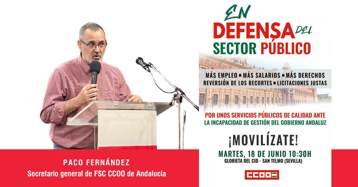Paco Fernndez, secretario general de FSC CCOO de Andaluca, anima a la afiliacin a la participacin masiva a la movilizacin del 18J en Sevilla.