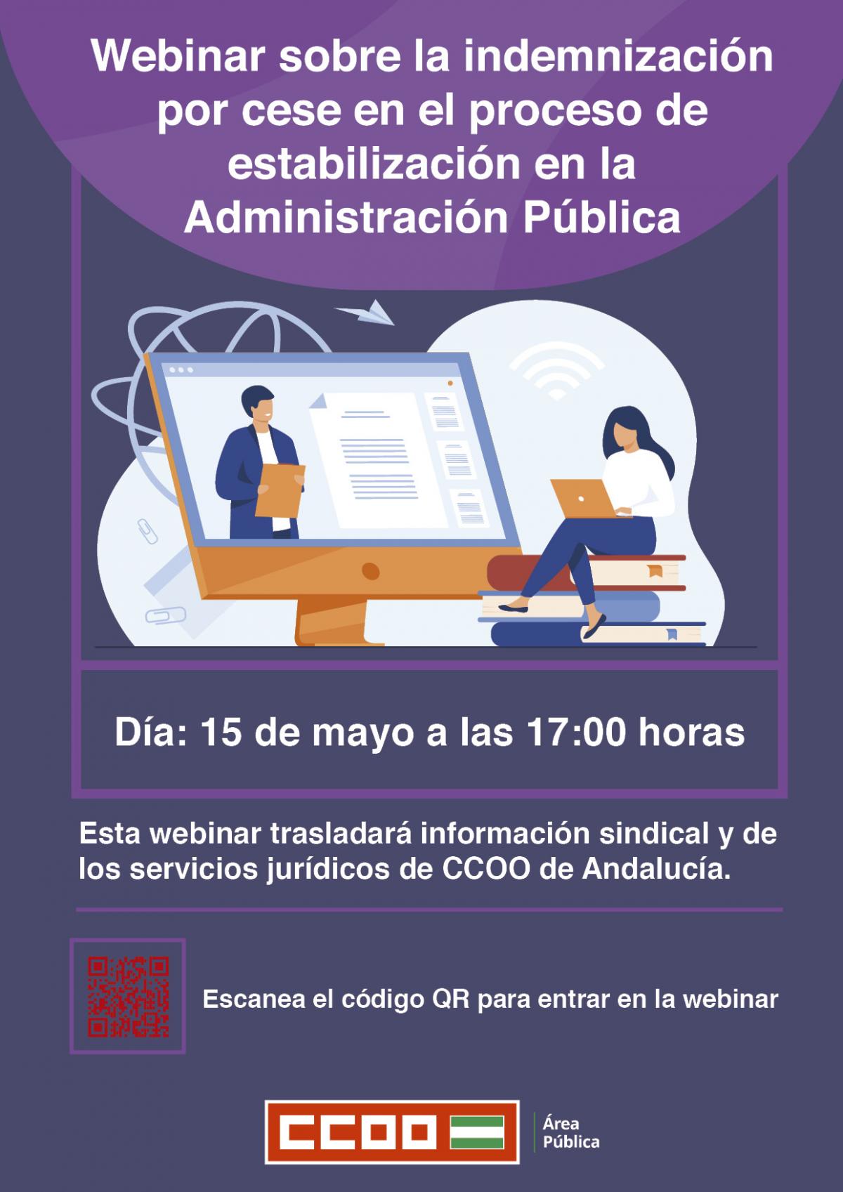 Cartel de la webinar del rea Pblica de CCOO Andaluca sobre la indemnizacin por cese en el proceso de estabilizacin en la Administracin Pblica