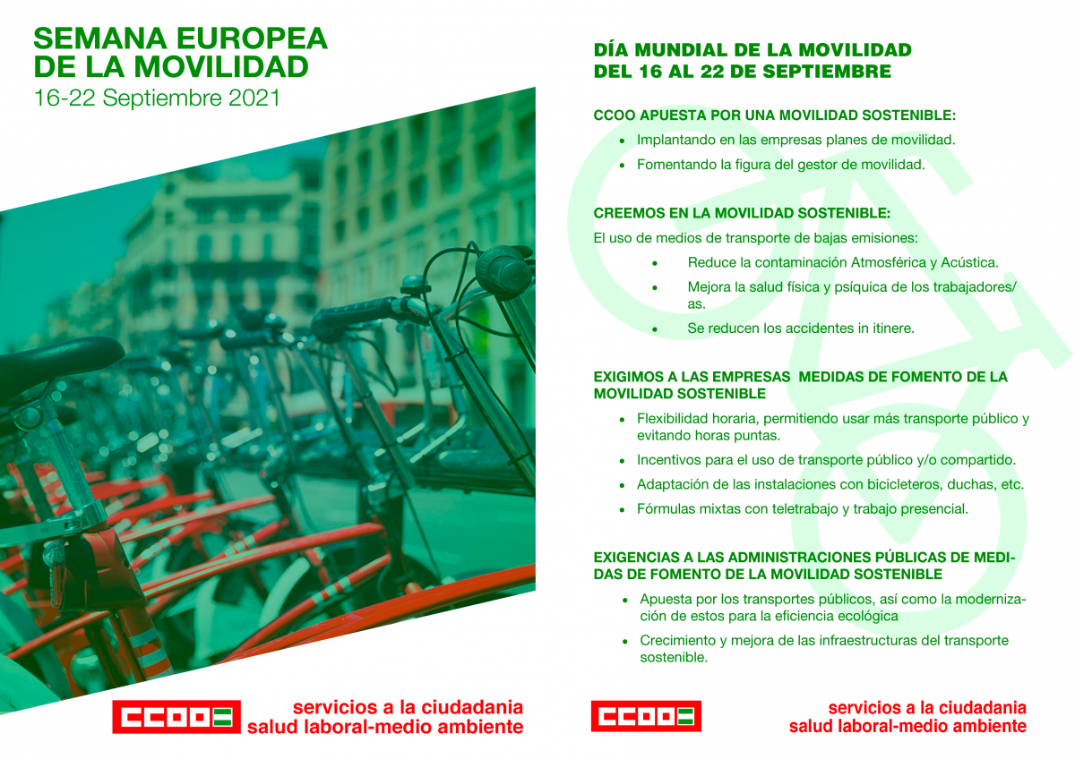 Díptico explicativo de la Semana Europea de la Movilidad 2021, elaborado por la secretaría de Medio Ambiente de FSC CCOO-Andalucía
